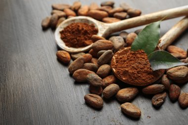 Aromatik kakao ve çikolata ahşap zemin üzerine kaşık, yakın çekim