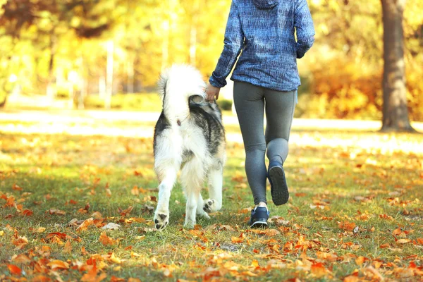 Donna che fa jogging con il cane nel parco — Foto Stock