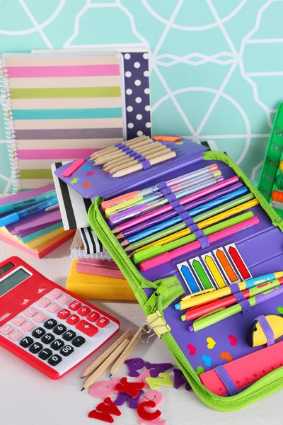 Pencil case with various stationery — Stock Photo, Image