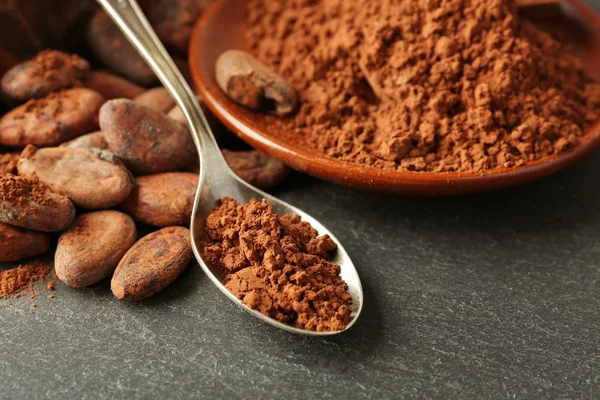 Kom met aromatische cacaobonen en chocolade op grijze achtergrond, close-up — Stockfoto