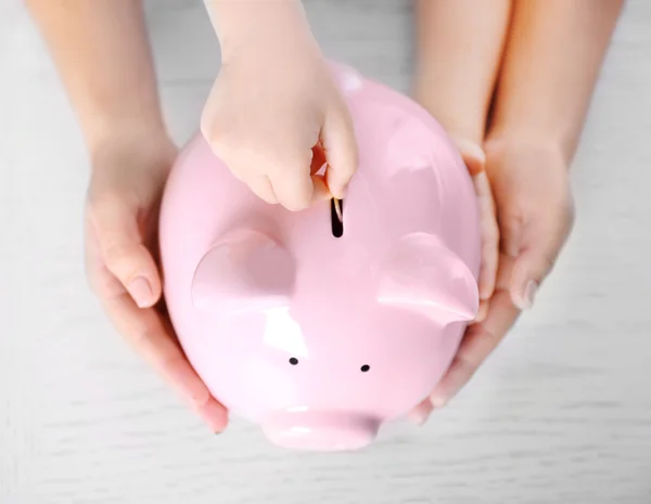 Hand putting coin in the piggy bank — Stock Photo, Image