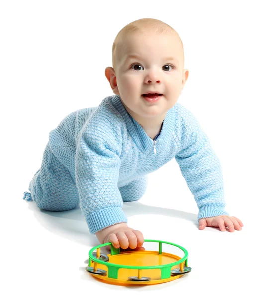 Adorable bebé con pandereta colorida de plástico —  Fotos de Stock