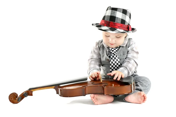 Lindo bebé en sombrero con violín — Foto de Stock