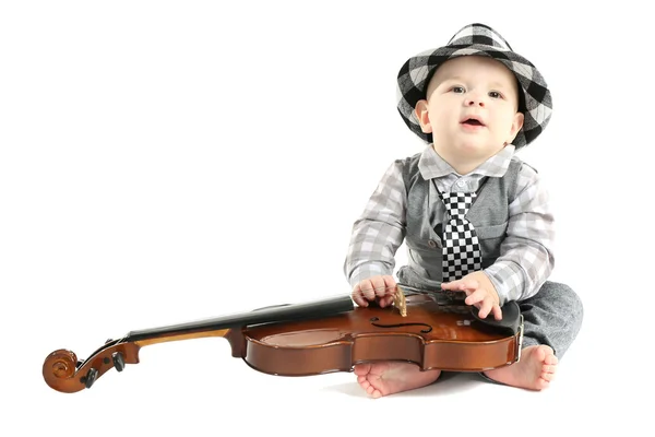 Cute baby in hat with violin — Stock Photo, Image