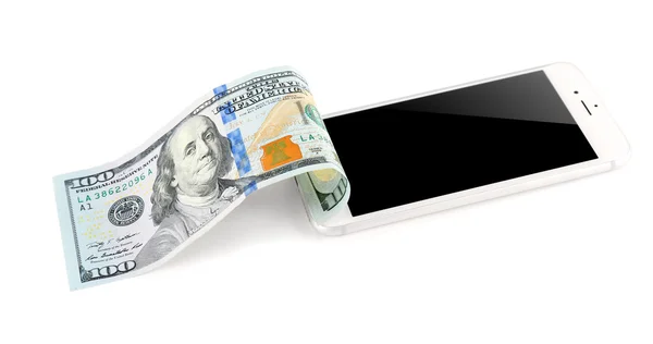Telefone inteligente com nota de dólar — Fotografia de Stock