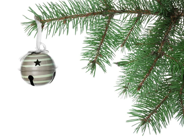 Jingle bell op Christmas tree branch — Stockfoto