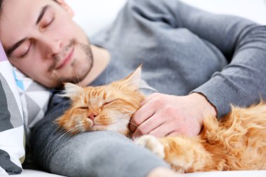 Kırmızı kedi ile uyuyan genç adam