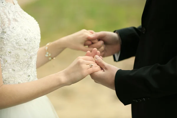 Bride and groom holding hands — Stock Photo, Image