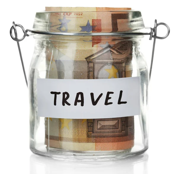 旅行ホワイトのユーロ紙幣とガラスの瓶 — ストック写真
