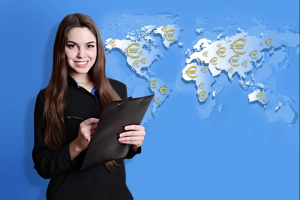 Zakelijk Succes Strategie Concept Portret Van Zakenvrouw Wereld Kaart Achtergrond — Stockfoto