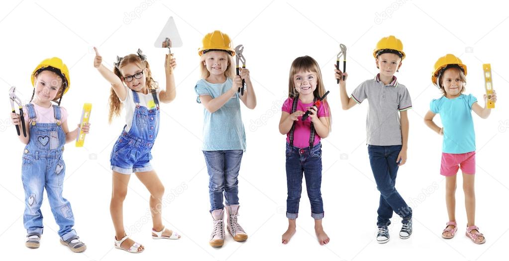 Cute children with tools isolated on white