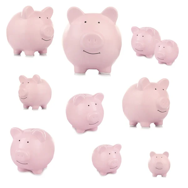 Collage van roze keramische piggy banks — Stockfoto