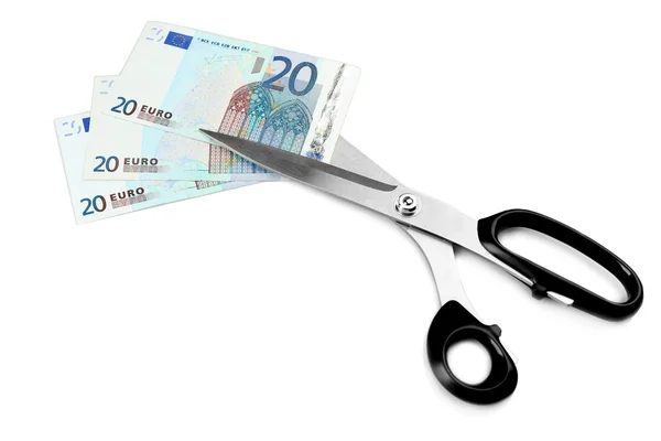 Olló vágja az euro-bankjegyek — Stock Fotó
