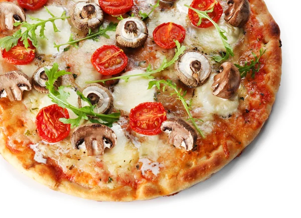 Gustosa pizza decorata con funghi isolati su sfondo bianco, primo piano — Foto Stock