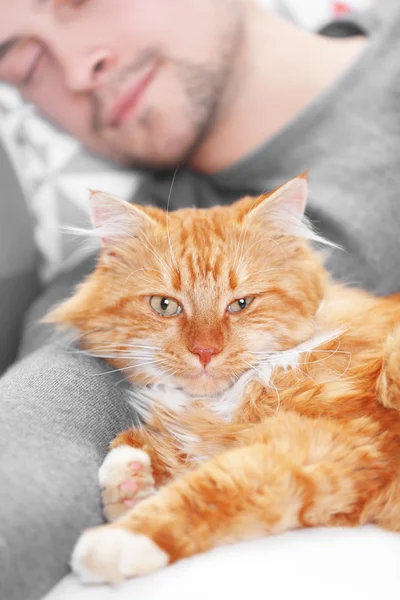 Sovande ung man med röd katt — Stockfoto