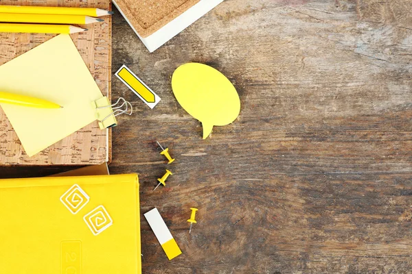 School supplies on old wooden table — Stock Photo, Image