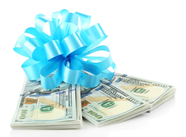 Dollars and big blue bow — Stock Photo, Image