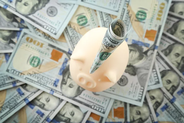 Piggy bank op stapel dollars — Stockfoto