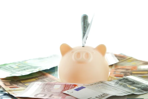 Piggy bank on pile of euro — Stock Photo, Image