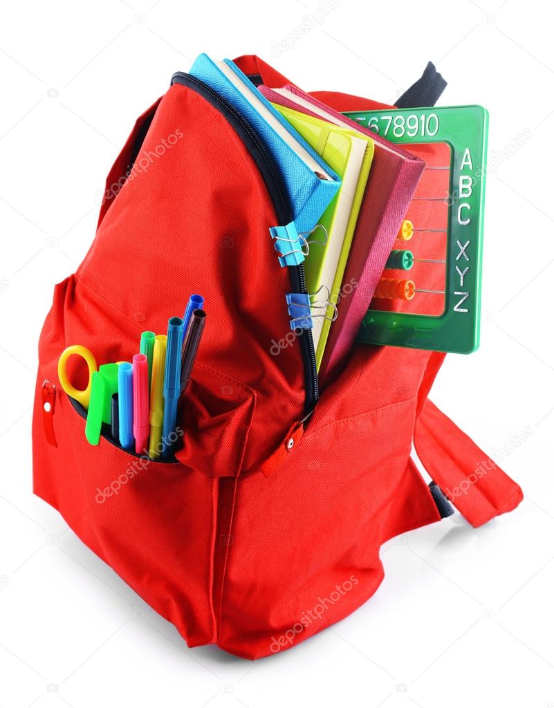 Red backpack with colourful stationary 