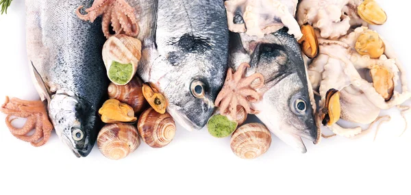 Cóctel de pescado fresco mediterráneo sobre fondo blanco, de cerca —  Fotos de Stock