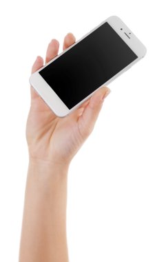 Beyaz dokunmatik ekran akıllı telefon beyaz arka plan üzerinde izole tutan el