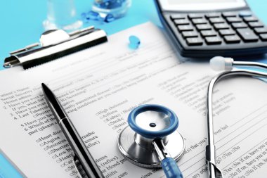 Sağlık stetoskop, Pano, kalem ve hesap makinesi, yakın çekim
