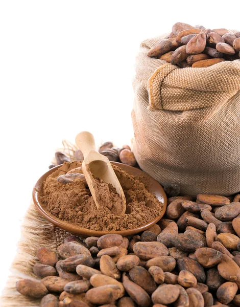 Stapel van cacaobonen en chocolade geïsoleerd op witte achtergrond — Stockfoto