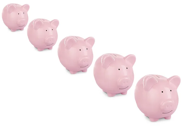 Collage van roze keramische piggy banks — Stockfoto