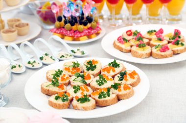 Dizi soğuk aperatifler, kanepe, içecekler, portre