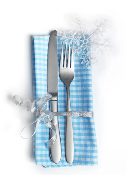 Christmas serving cutlery with a napkin, isolated on white — Stock Photo, Image