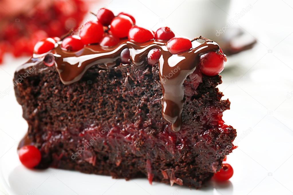 Piece of chocolate cake with cranberries against plate on wooden table, closeup