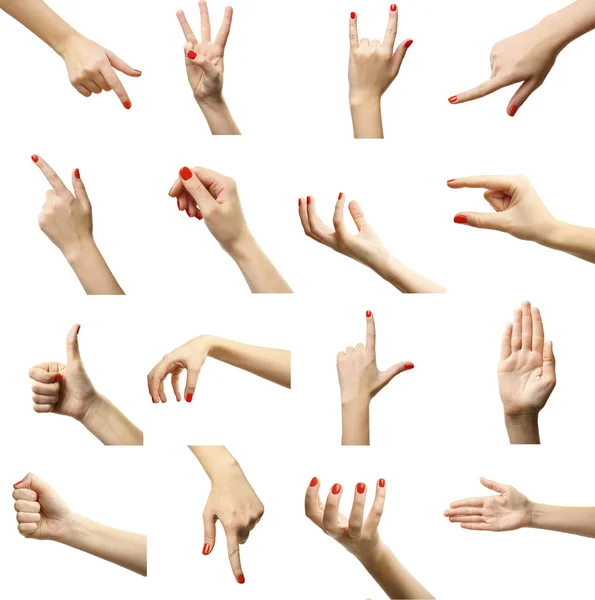 Set of female hands gestures, isolated on white — Stock Photo, Image