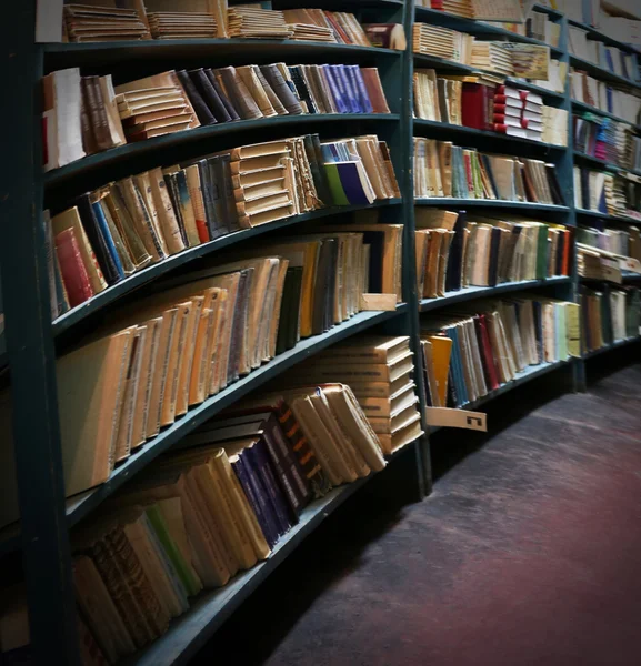 Many books on bookshelf in library, image with perspective distortion — Stock Photo, Image