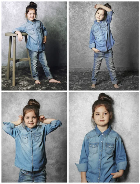 Collage Liten Mode Kid Flicka Grå Vägg Bakgrund — Stockfoto