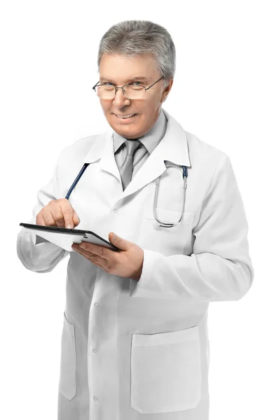 Lekarz z stetoskop na tle — Zdjęcie stockowe