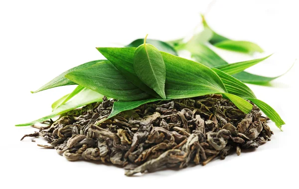 Montón de té seco con hojas verdes — Foto de Stock