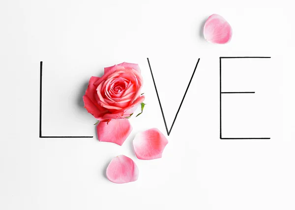 Αγάπη επιγραφή με ροζ τριαντάφυλλο — Φωτογραφία Αρχείου