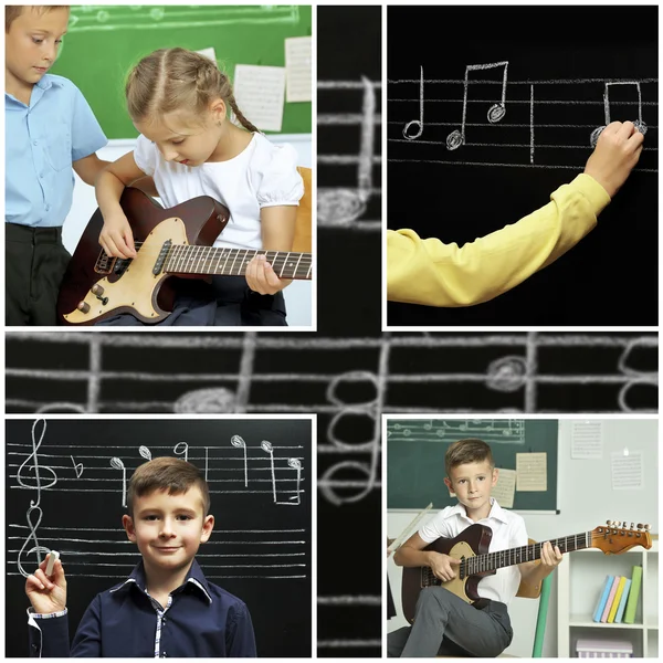 Colagem com os alunos tendo aula de música — Fotografia de Stock