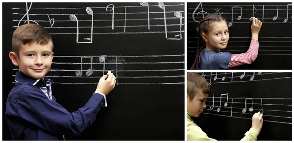 Collage Con Alumnos Que Tienen Clases Música Aula Escuela Primaria —  Fotos de Stock