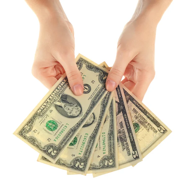 Pénzt a női kezek — Stock Fotó
