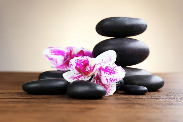 Svart pebbles med orkidé — Stockfoto