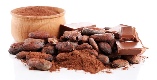 Pile of cocoa beans and chocolate — Stock Photo, Image