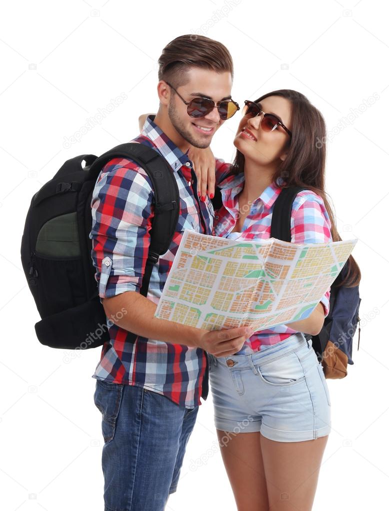 pair of happy tourists