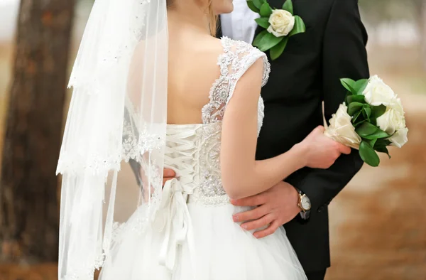 Glückliche Umarmung von Braut und Bräutigam — Stockfoto
