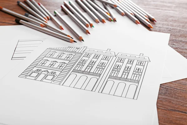 Drawing of buildings and colour pencils — Stock Photo, Image