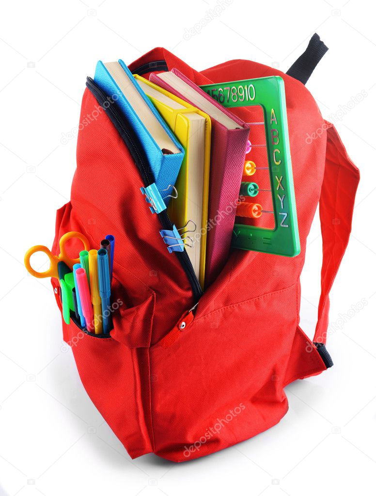 Red backpack with colourful stationary 