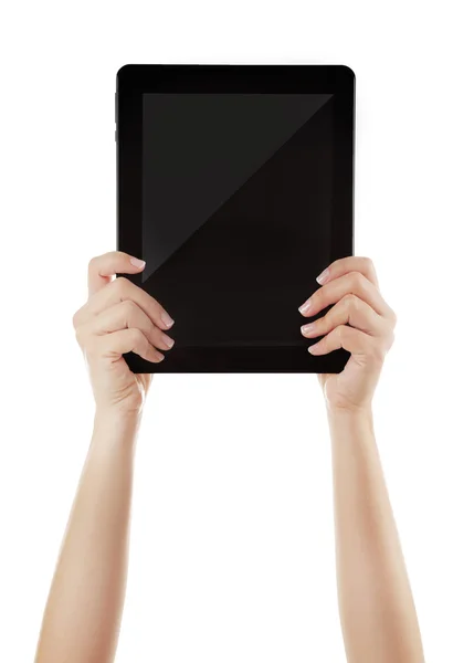 Black tablet in hands — Stock Photo, Image