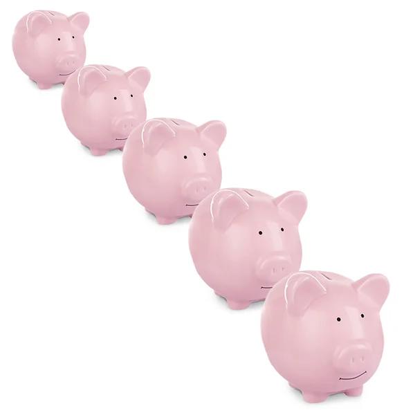 Collage van roze keramische piggy banks — Stockfoto