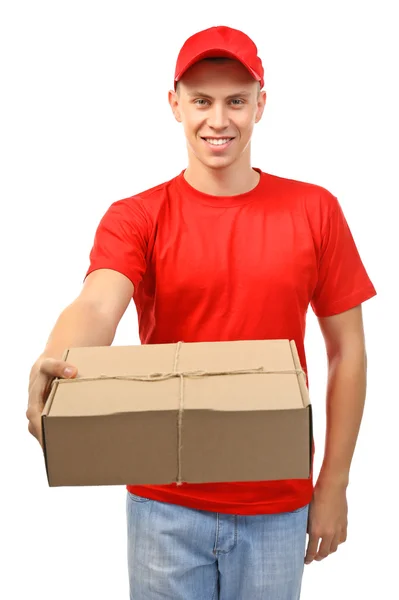 Delivery man with a carton package — Stock Photo, Image